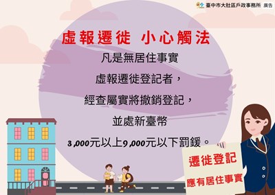 虛報遷徙,小心觸法宣導-經查屬實將撤銷登記並處3000元以上9000元以下罰鍰
